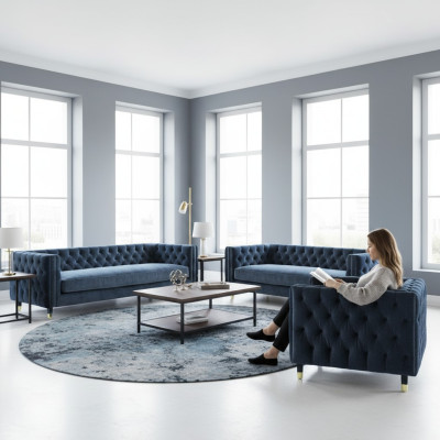Chestefield Gray Living Room Complete 4+2+1 Sofa Set 3-piece Upholstered Furniture