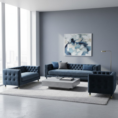 Chestefield Gray Living Room Complete 4+2+1 Sofa Set 3-piece Upholstered Furniture