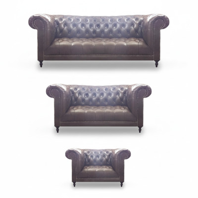 Living room set 3-piece brown leather furniture upholstery Chesterfield new