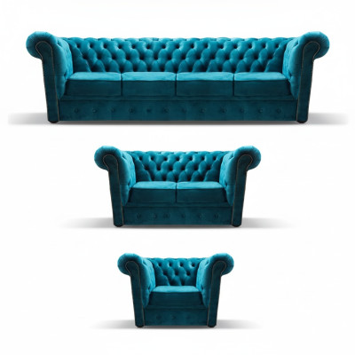 Blue New Sofa Set 3-piece Modern Textile Chesterfield Living Room Complete