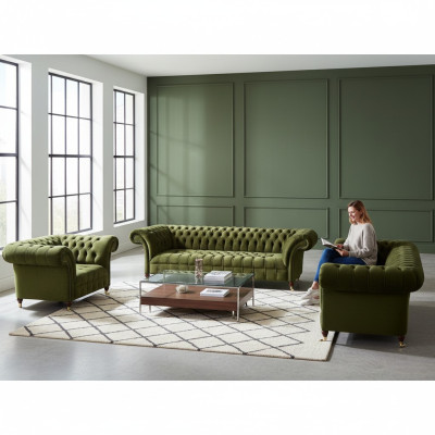 Complete Green Sofa Set Living Room Suite Luxury Fabric Furniture Chesterfield