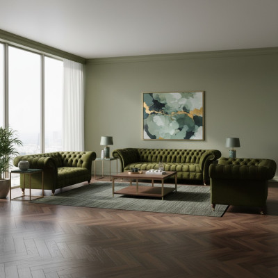 Complete Green Sofa Set Living Room Suite Luxury Fabric Furniture Chesterfield