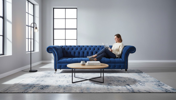 Blue Chesterfield Sofa Four-Seater Couch Designer Upholstered Furniture Living Room