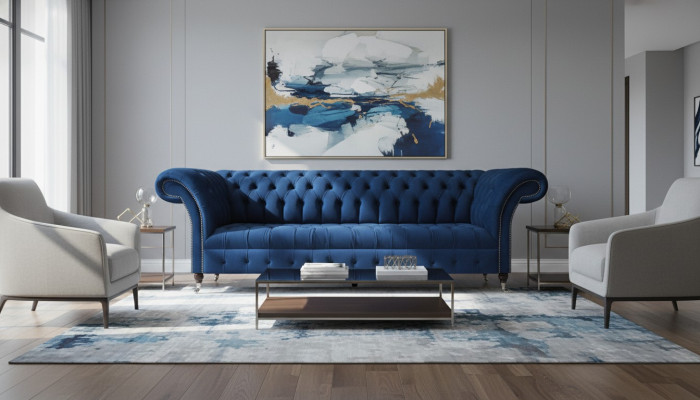 Blue Chesterfield Sofa Four-Seater Couch Designer Upholstered Furniture Living Room