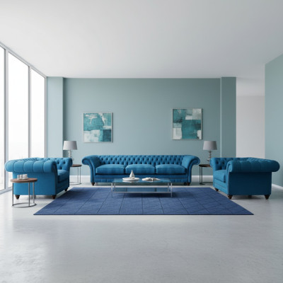 Upholstered Furniture Blue Sofa Suite Textile Seat Furniture Chesterfield Set Decor
