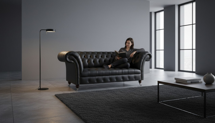 Leather sofa, two-seater couch, upholstered furniture, black upholstery, Chesterfield furniture.