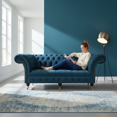 Blue Textile Chesterfield Three-Seater Sofa Couch Seating Furniture Designer Modern New