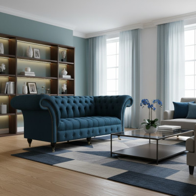 Blue Textile Chesterfield Three-Seater Sofa Couch Seating Furniture Designer Modern New