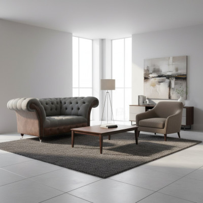 Living Room Grey-Brown Chesterfield 2-Seater Fabric Sofas Luxury Furniture