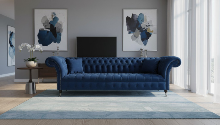Blue Chesterfield Upholstered Furniture Designer Textile Sofa Modern Fabric Sofa