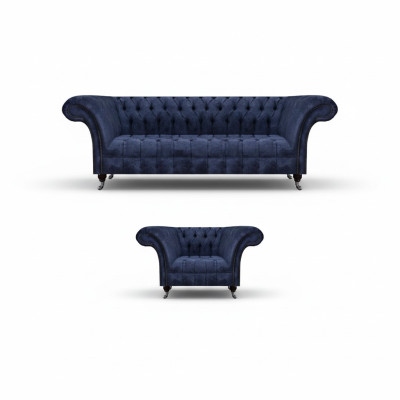 Blue Chesterfield Fabric Living Room Upholstered Seating Furniture 2-Piece Set