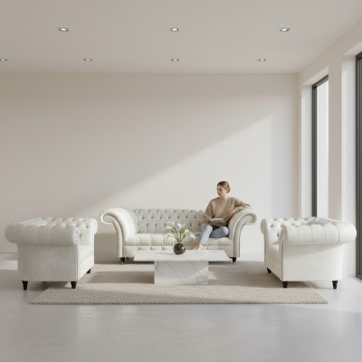 White Chesterfield seating arrangement 2x designer armchairs complete seating furniture