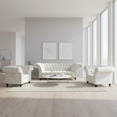White Chesterfield seating arrangement 2x designer armchairs complete seating furniture