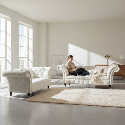Complete White Chesterfield Sofa Set Modern 3-Seater Luxury 2-Seater