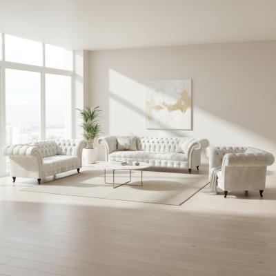 White Chesterfield Textile Suite Designer Seating Upholstered Set