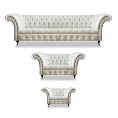 White Chesterfield Textile Suite Designer Seating Upholstered Set