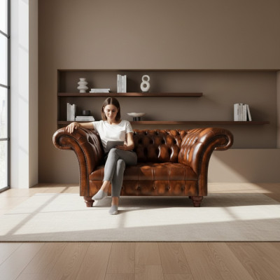 Noble Chesterfield Brown Leather Three-Seater Living Room Sofas New