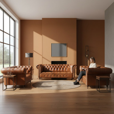 Brown Chesterfield leather sofas designer living room couches furniture 3-piece set