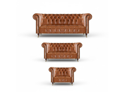 Brown Chesterfield leather sofas designer living room couches furniture 3-piece set