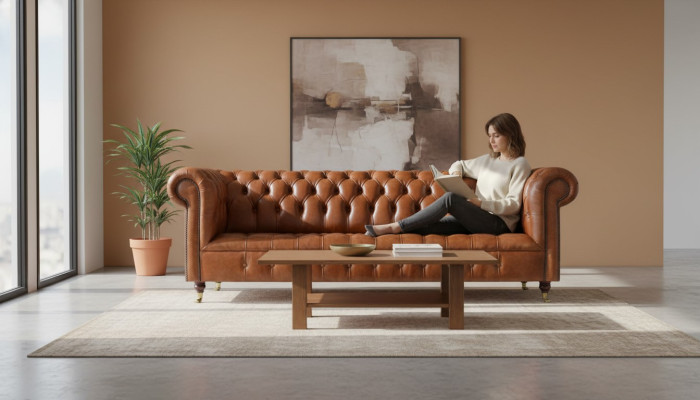 Living room four-seater Chesterfield designer couches luxury leather sofas
