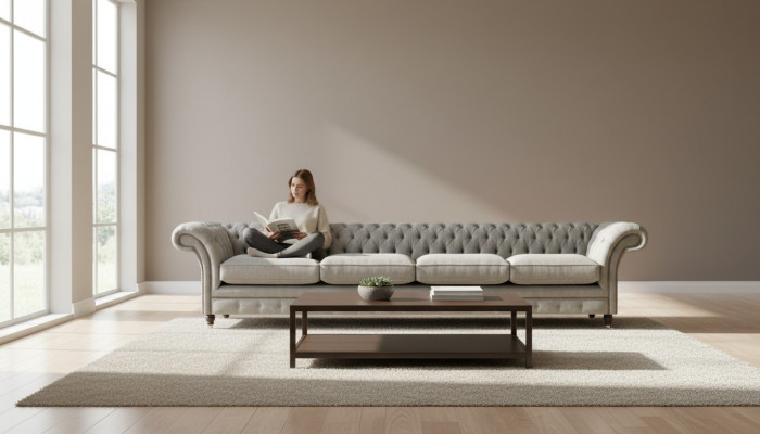 Light gray Chesterfield upholstered sofa, designer 4-seater textile seating furniture.