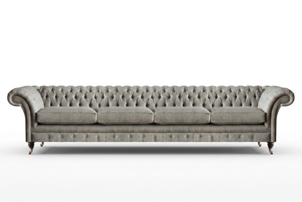 Light gray Chesterfield upholstered sofa, designer 4-seater textile seating furniture.