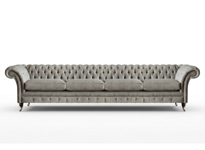 Light gray Chesterfield upholstered sofa, designer 4-seater textile seating furniture.