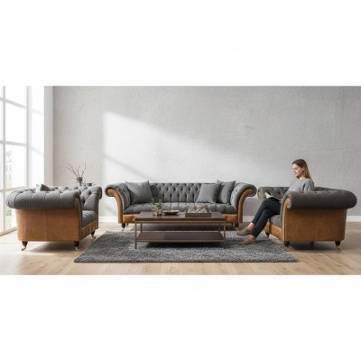 Gray-Brown Chesterfield Upholstered Sofa Set in Fabric, 3-Piece Couches