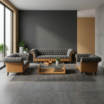 Gray-Brown Chesterfield Upholstered Sofa Set in Fabric, 3-Piece Couches