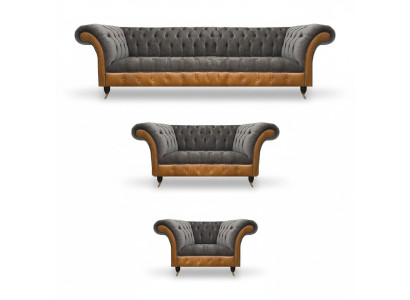 Gray-Brown Chesterfield Upholstered Sofa Set in Fabric, 3-Piece Couches