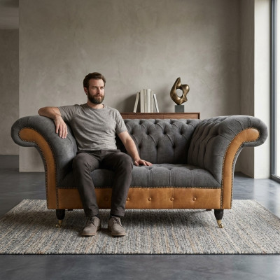 Gray Exclusive Chesterfield Two-Seater Comfortable Textile Noble Sofas