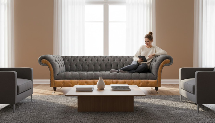 Luxurious Chesterfield 4-Seater Designer Four-Seater Textile Couch Sofas