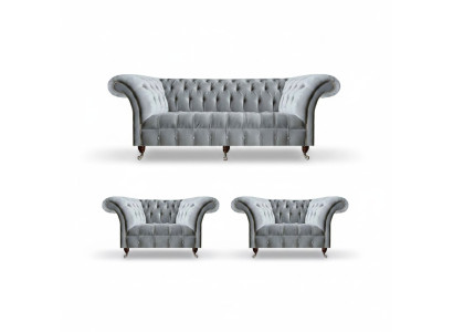 Light gray Chesterfield seating suite three-seater, single-seater, 2x armchair, 3-piece set