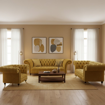 Noble Yellow Chesterfield Suite Upholstered Furniture Textile Sofas 3-piece Set