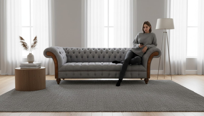 Light gray Chesterfield upholstered sofa living room designer couch 4-seater
