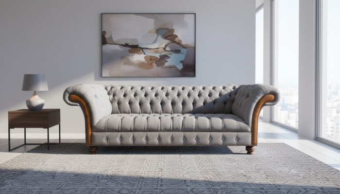 Light gray Chesterfield upholstered sofa living room designer couch 4-seater