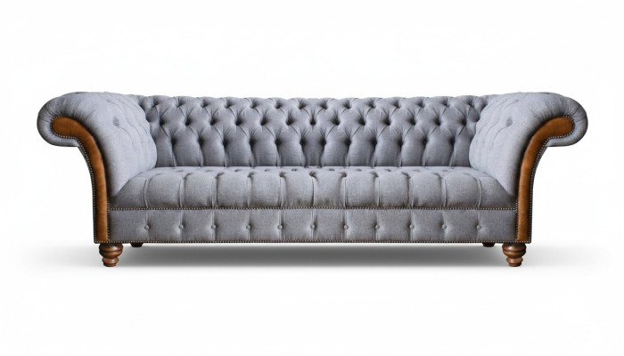 Light gray Chesterfield upholstered sofa living room designer couch 4-seater
