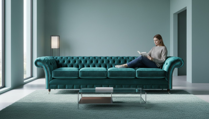 Elegant Chesterfield green upholstered couch modern four-seater textile sofa