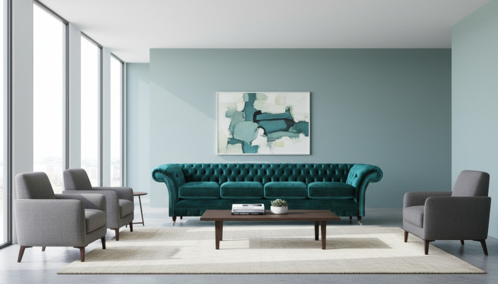 Elegant Chesterfield green upholstered couch modern four-seater textile sofa
