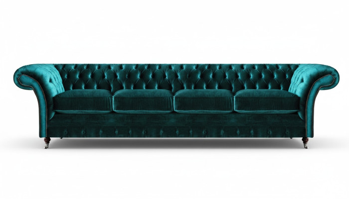 Elegant Chesterfield green upholstered couch modern four-seater textile sofa