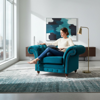 Armchair Blue Luxury Style Chesterfield Living Room Upholstery Fabric Modern Textile