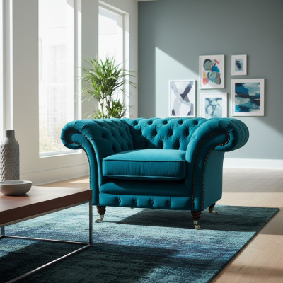 Armchair Blue Luxury Style Chesterfield Living Room Upholstery Fabric Modern Textile