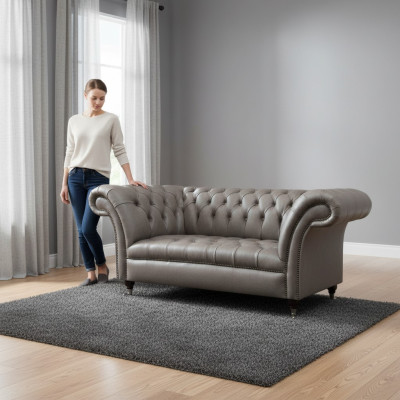 Gray Chesterfield two-seater leather couches 2-seater upholstered furniture.