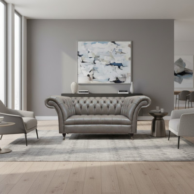 Gray Chesterfield two-seater leather couches 2-seater upholstered furniture.