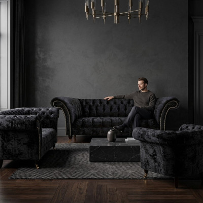 Black Textile Chesterfield Set Noble Three-Seater Armchair 3-piece Set