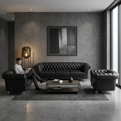 Black Chesterfield Leather Suite Designer Sofas Living Room Armchair