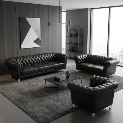 Black Chesterfield Leather Suite Designer Sofas Living Room Armchair