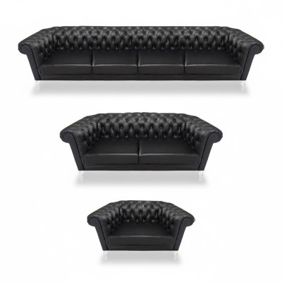 Black Chesterfield Leather Suite Designer 4-Seater Two-Seater Armchair