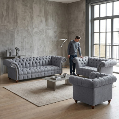 Light gray Chesterfield upholstered suite designer textile sofas armchair 3-piece set.