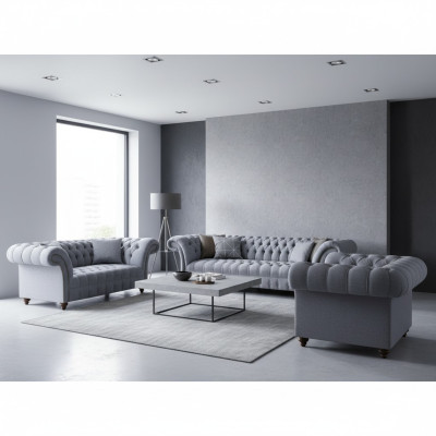 Light gray Chesterfield upholstered suite designer textile sofas armchair 3-piece set.